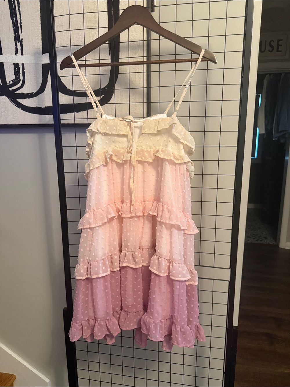 Womens Ruffled Tiered Spaghetti-Strap Dress in Pink and Cream